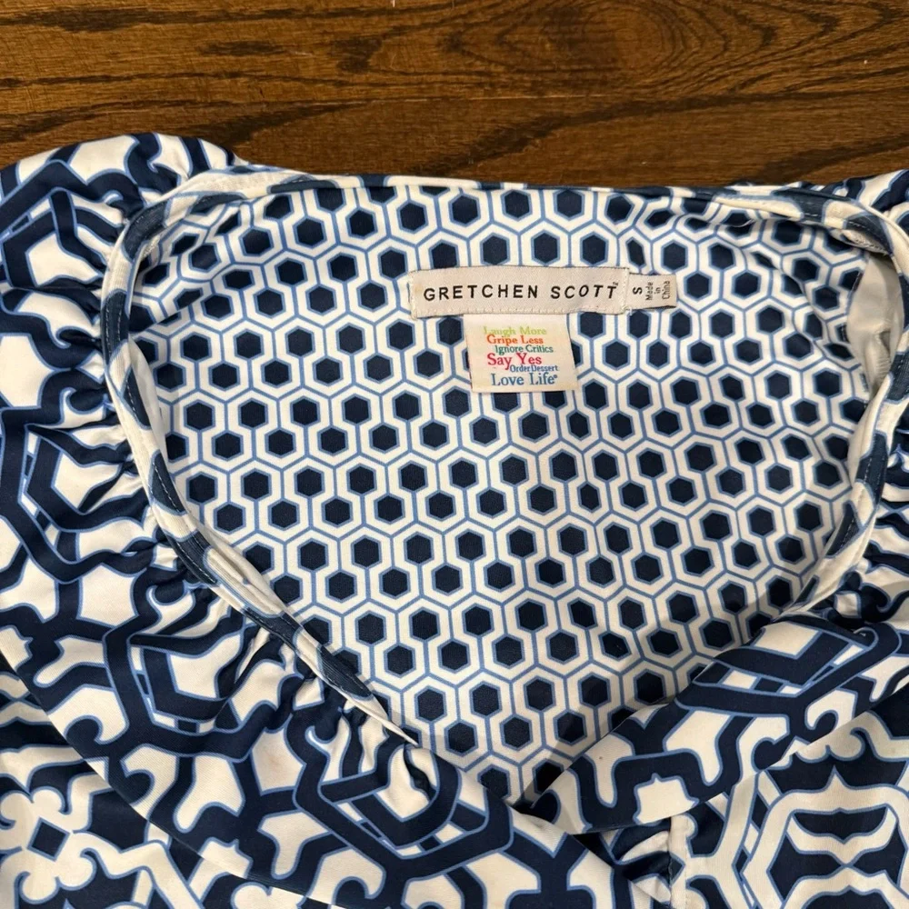 Gretchen Scott, Preppy Ruffle Neck Navy & White Geometric Shift Dress, Size S - Picture 5 of 14